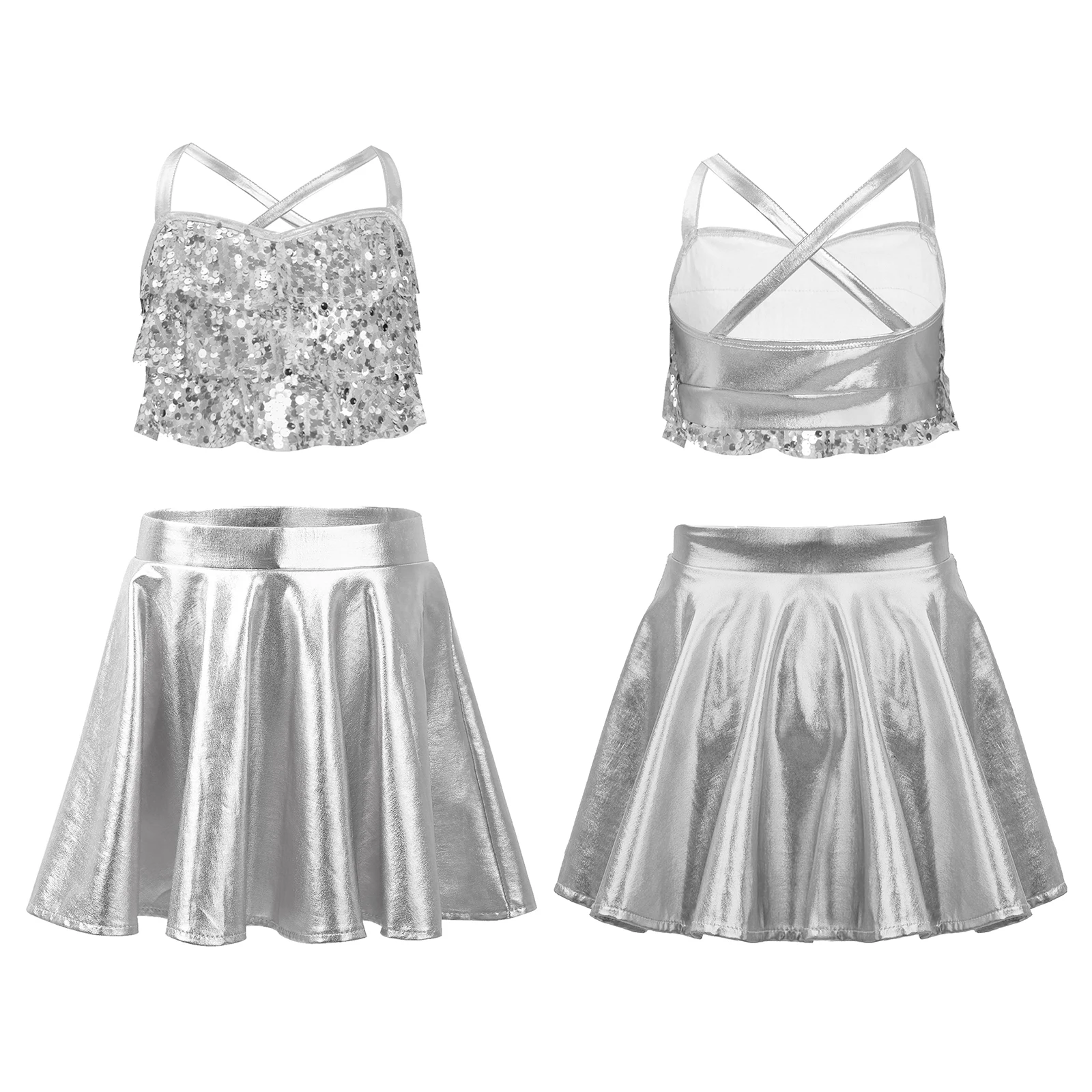 ชุดเต้นรำเด็กผู้หญิง ชุดฮิปฮอปแจ๊สแขนยาวสีเมทัลลิก ชุดฮิปฮอป เสื้อครอปฮู้ด กางเกงขายาว 3 ชิ้น/ชุด