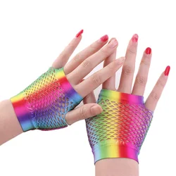 Senhoras sexy arco-íris cor curta malha net fishnet luvas oco para fora buracos luvas sem dedos senhora traje de dança discoteca metade luvas