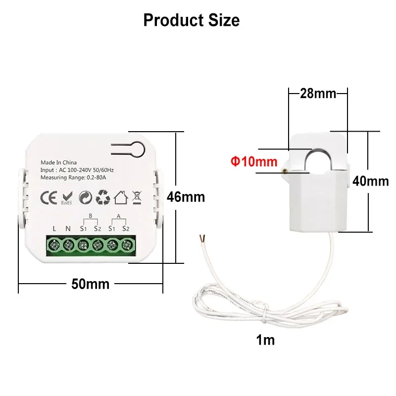 WIFI Bidirectional Energy Meter, 2 Channels, Clamp Current Sensor, Tuya Smart App Monitor, Power 80A, 110V, 240V, 50Hz, 60Hz