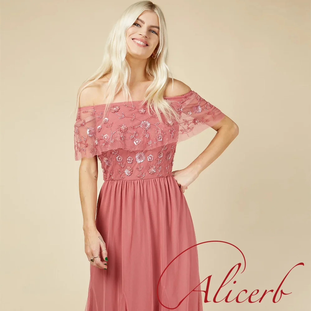 Alicerb 2022 Rosa Princesa do baile de Finalistas Vestidos de UMA Linha de Dama de Honra Da Noite Frisado Lantejoulas Uma Palavra Collar Vestidos De Gala فساتين حفلات