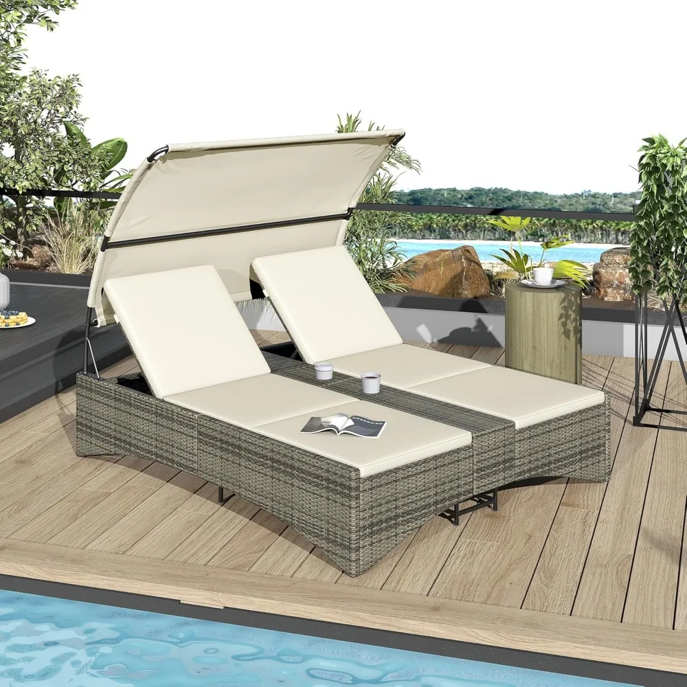 

Outdoor Bed Patio Daybed with Shelter Roof, Outdoor Rattan Sun Lounger with Adjustable Backrest, Storage Box and 2 Cup Holders
