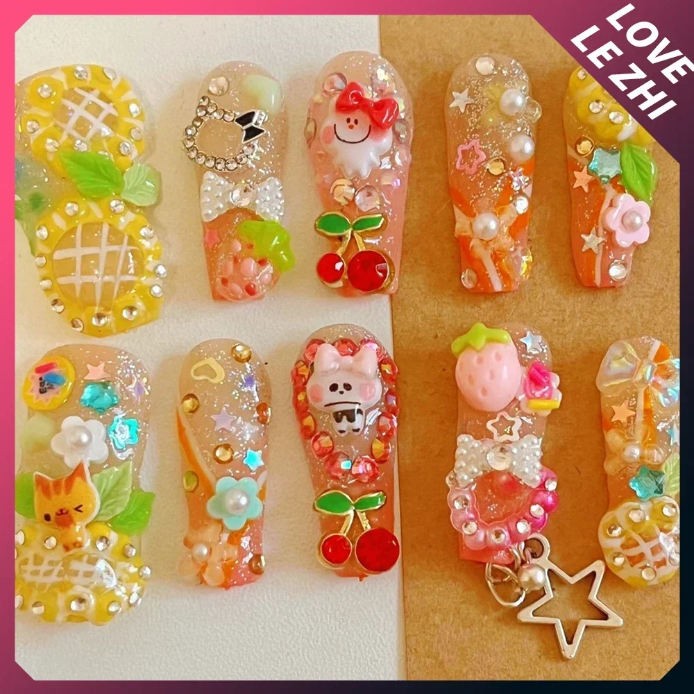 

10 шт., длинный гроб ручной работы для пикантных девушек, наклейка на ногти для вечеринки, Y2K, съемный накладный ноготь с мультяшным бриллиантом и жемчугом