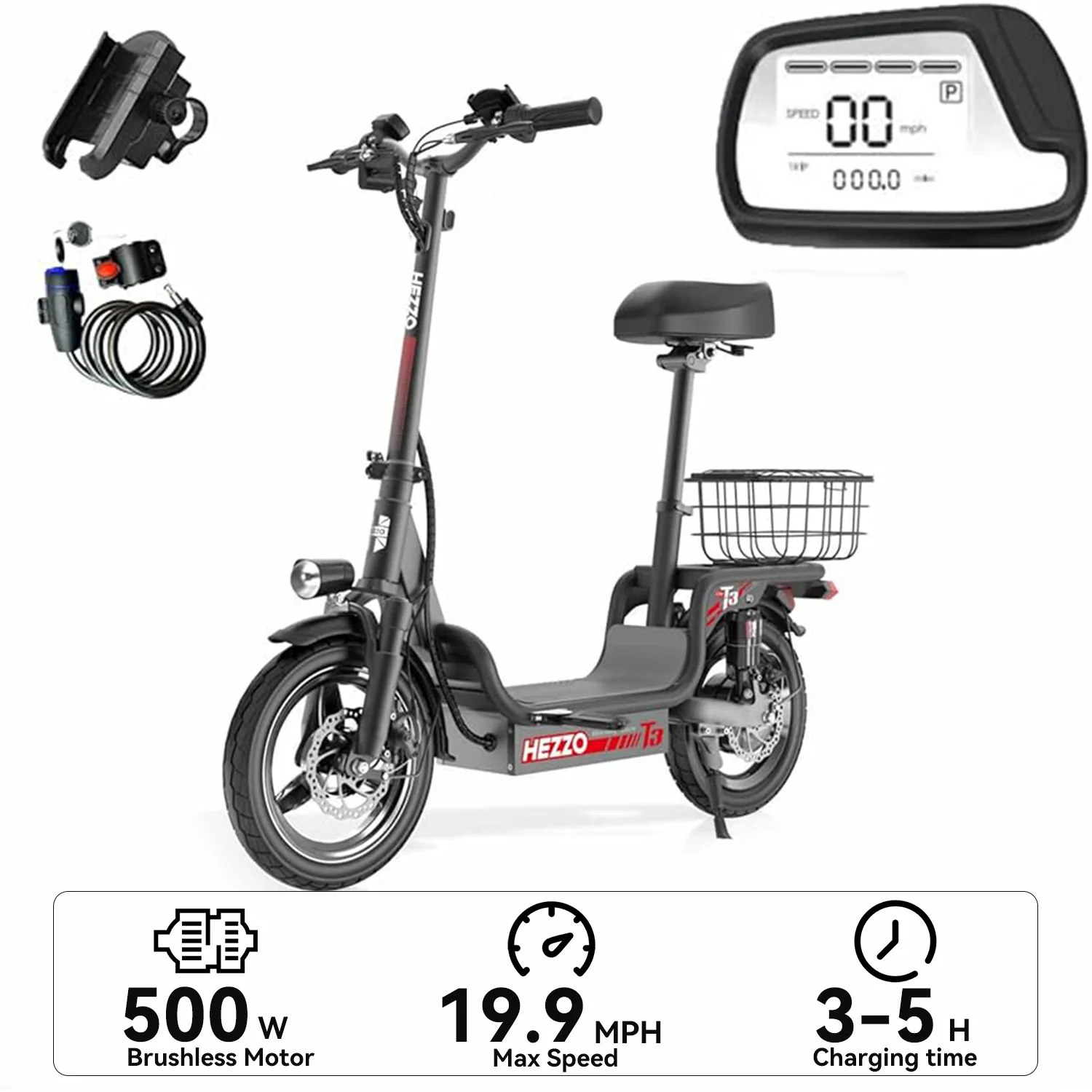 500W Adult Electric Skateboard Bicycle 48V15 Ah 14 inch Foldable Tire Shopping Basket and Seat Pedal, Suitable for Urban Use