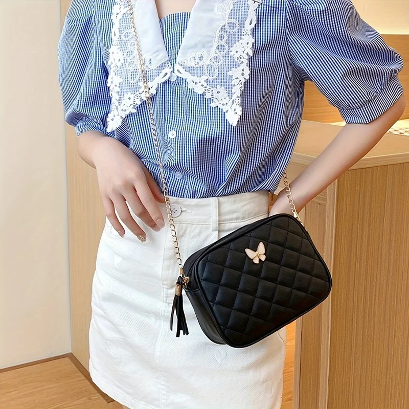 Kameratasche mit Rautenmuster und Kette, modische Stickerei, kleine Umhängetasche, 1er-Pack