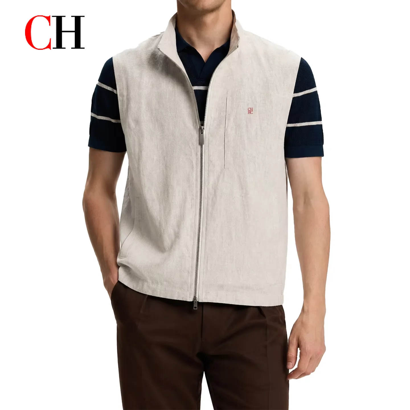 CH Mens Timeless Stand Collar Zip Placket Low Key Logo Embroidery Multi Compartment Sleeveless Waistcoat Office Layering Wear