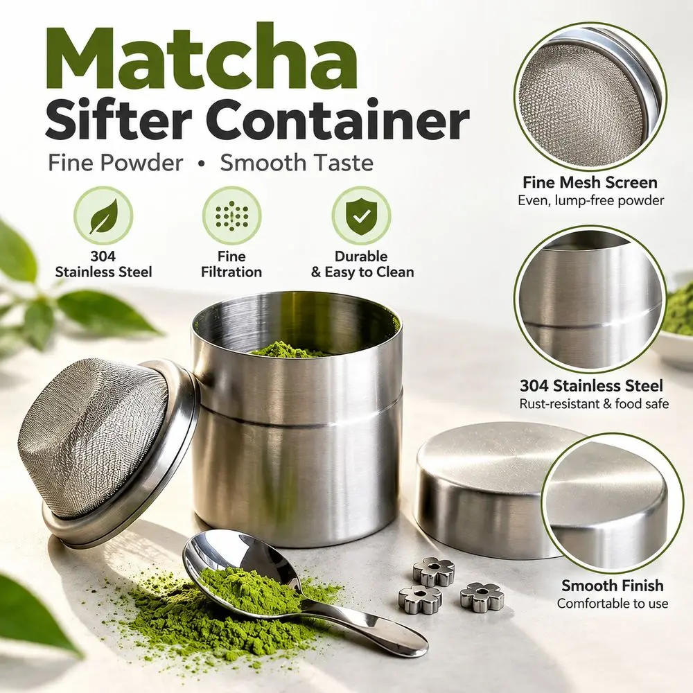 304 Stainless Steel Matcha Powder Jar Airtight Moisture Proof Powder Container Mesh Powder Sieve Cylindrical Storage Canister