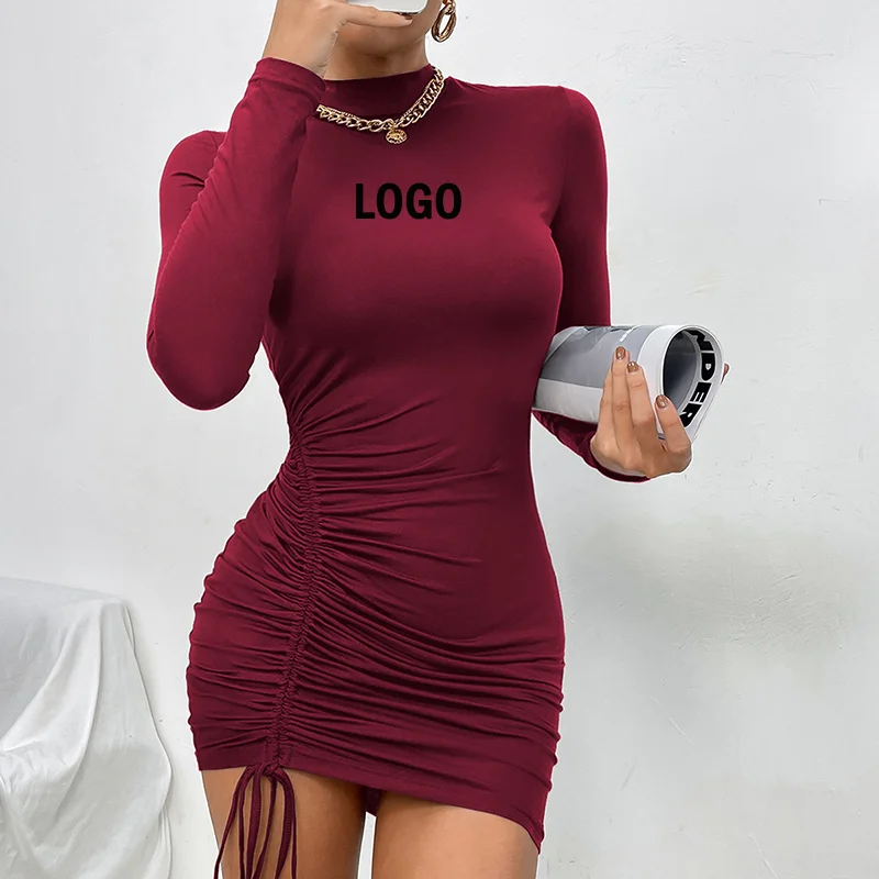 Individuelles LOGO Frauen Elegante Spitze Up Kleid Solide Plissee Slim Fit Party Bodycon Weibliche Sexy Mini Kleider Lila Schwarz Vestidos