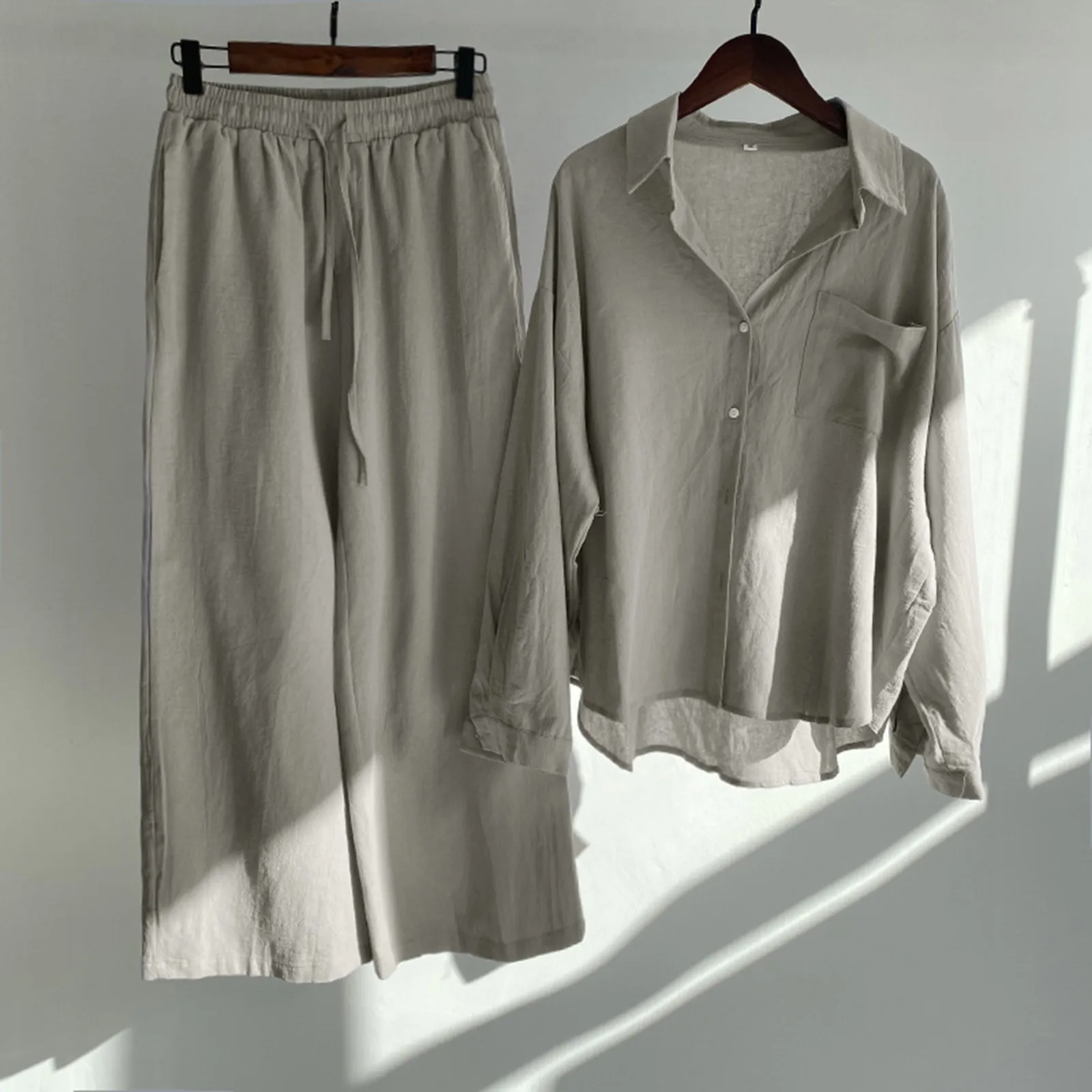 

Женский однотонный брючный костюм, винтажный брючный костюм большого размера, рубашка с воротником на пуговицах и брюки с завышенной талией, повседневная одежда из 2 предметов