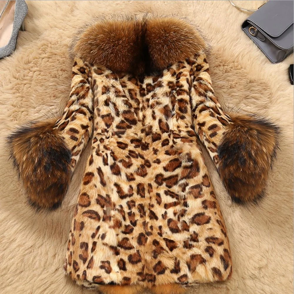 2025 Autumn Winter Women’s Medium Long Fur Coat Leopard Print Imitation Raccoon Fur Collar Artificial Warm Coat For Cold Weather