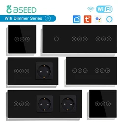 BSEED Wifi Smart Dimmer Switches Tuya Smart Life Goolgle Home Control Plus Normal Type-c USB EU Socket Glass Panel Black