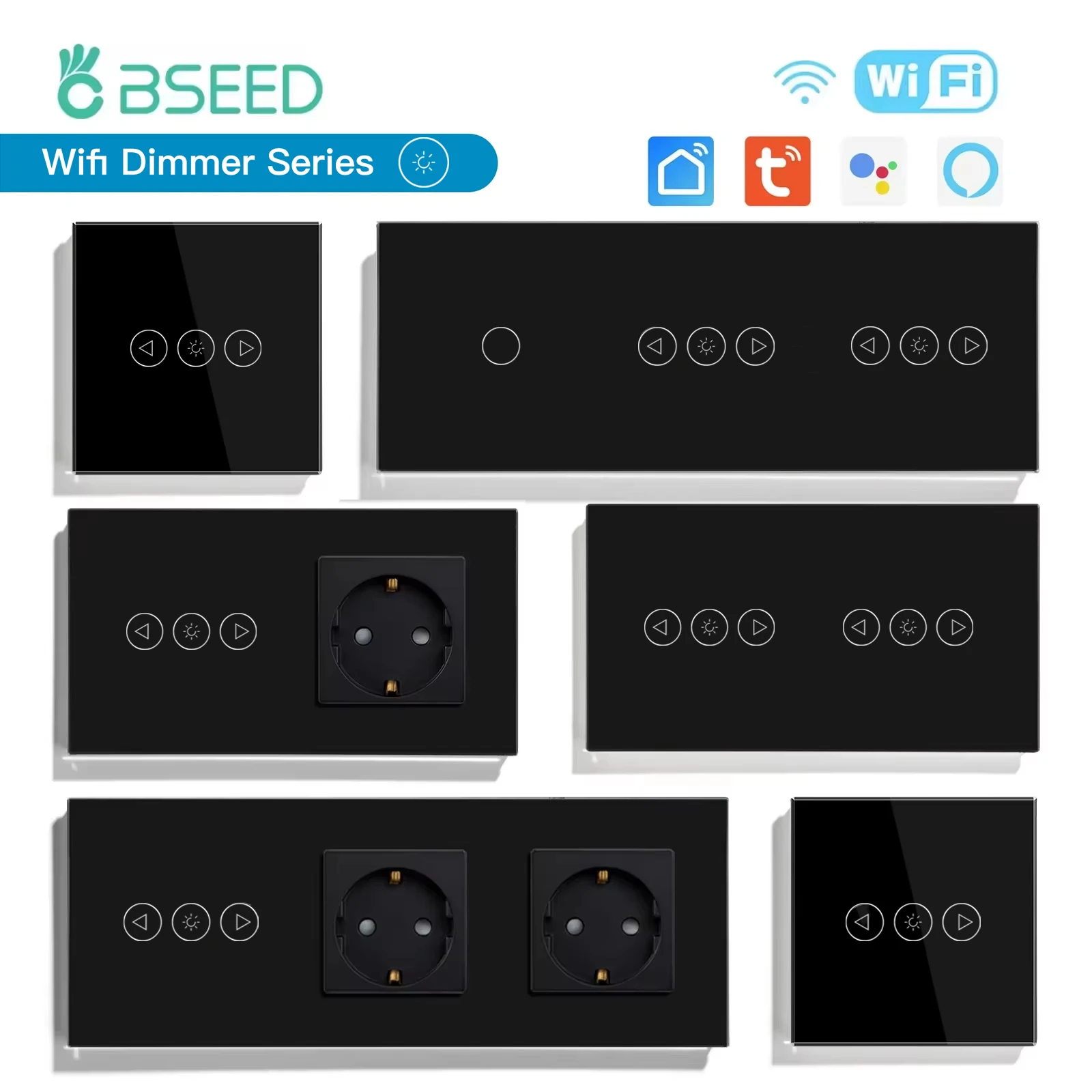 BSEED Wifi Smart Dimmer Switches Tuya Smart Life Goolgle Home Control Plus Type-c USB EU Socket Glass Panel Black Series