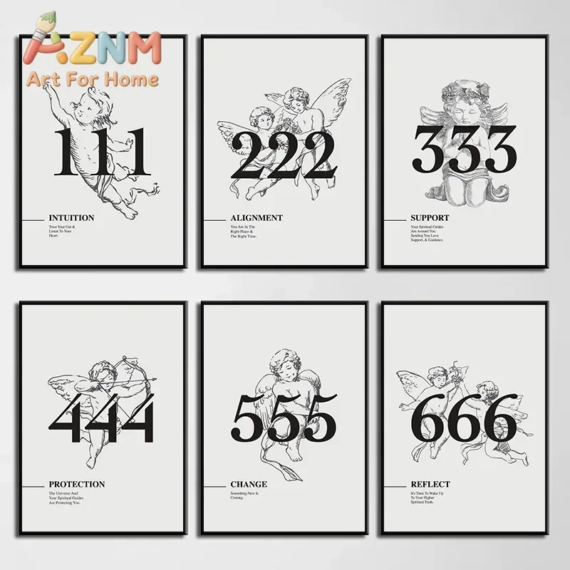 AZNM Angel Number Canvas Poster 111 222 333 444 555 666 Cherub Sketch Spiritual Minimalist Art Print Home Wall Decor Unframed Ca