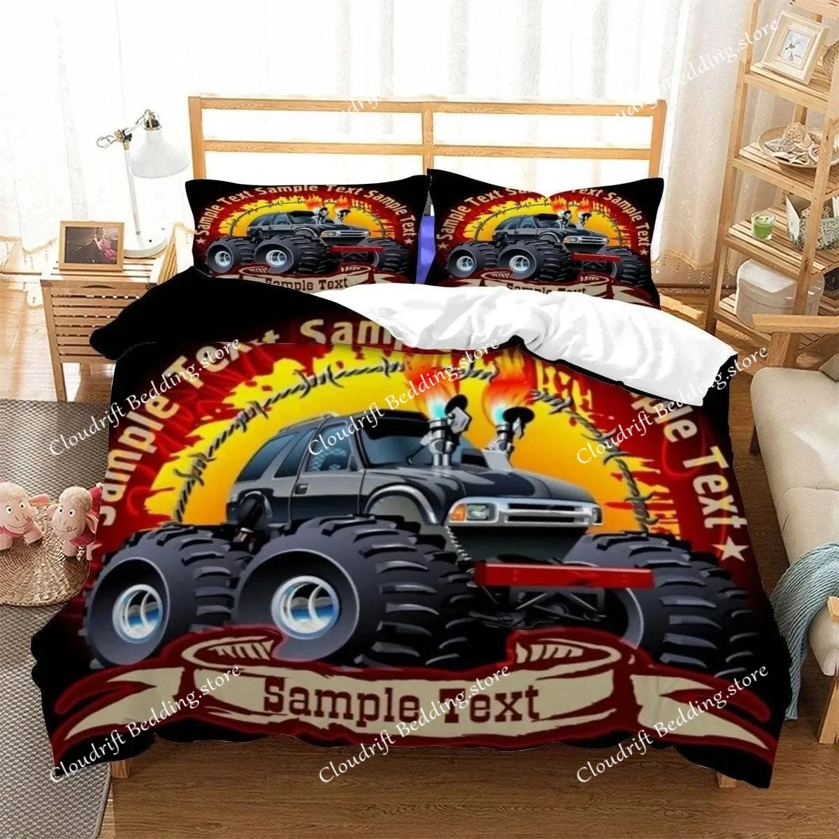 Racing themed bedding 3D printed cartoon monster truck pattern, soft down anti allergy down duvet cover, adult bedding set, teen