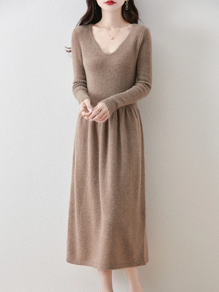 

Autumn Winter Women Deep V-neck Sweater Dress 100% Merino Wool Knitted Fit-Flare Cashmere Skirt Long Sleeve Office Lady Pullover