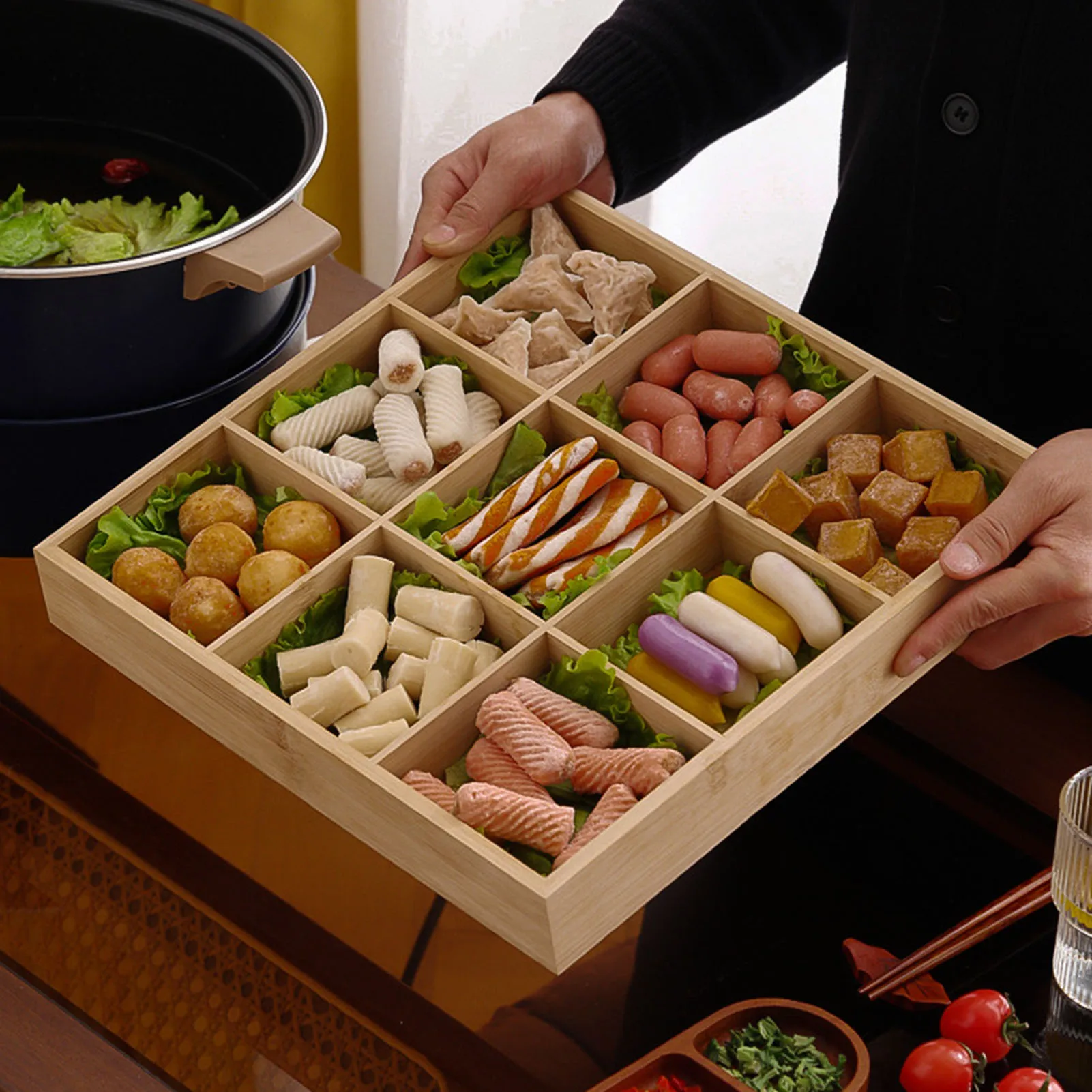 

Japanese Multi Grid Divided Wooden Tray 2/3/4/6/9 Grids Vintage Serving Tray For Snacks Dessert Hot Pot Sauce Dish Soy Tray