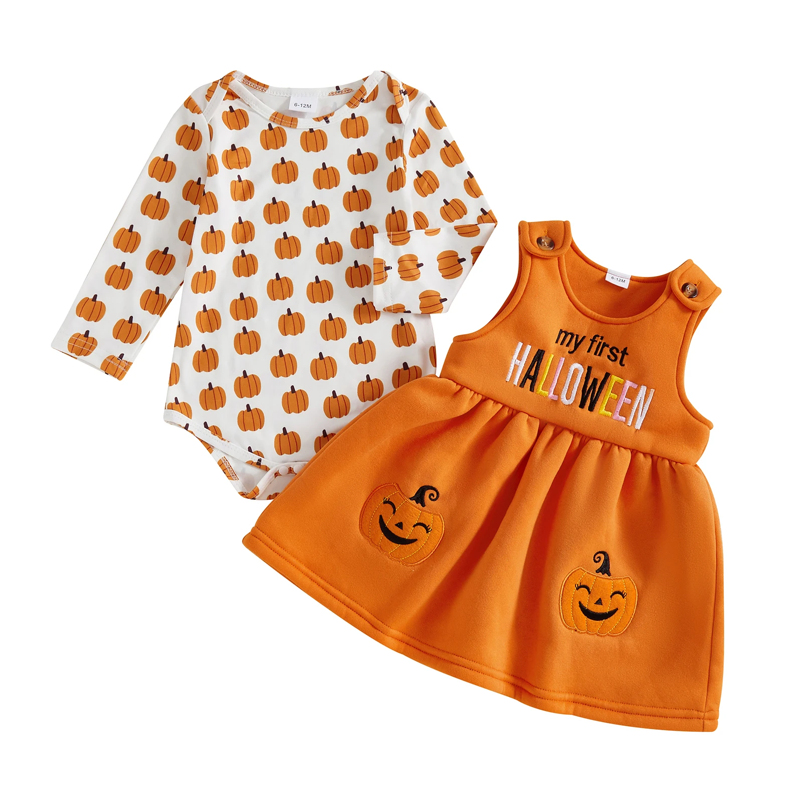 

Baby Girl Halloween Outfit Pumpkin Print Long Sleeve Romper and Pumpkin Letter Embroideried A Line Dress 2 Pcs Set