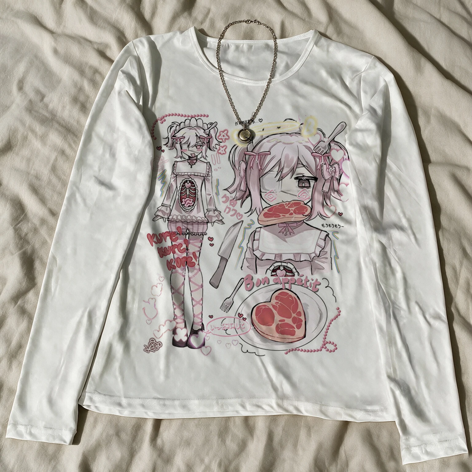 Yami Kawaii Anime Mädchen T-Shirt Damen Gothic Harajuku Bon Appetit Aufdruck Kurzarm T-Shirt Lässiges Sommer Damen Grafik-T-Shirt Top – Detail 4