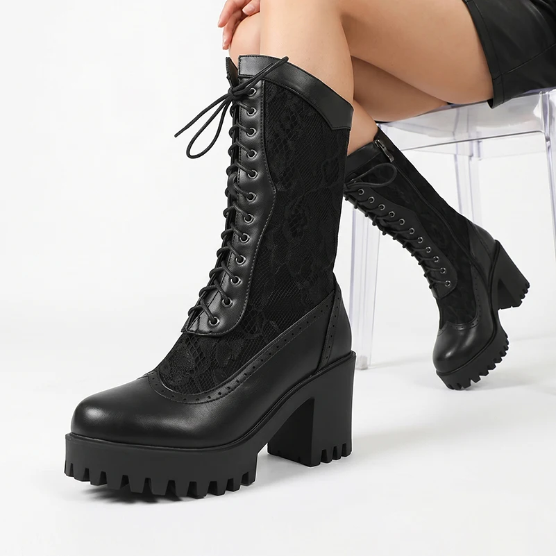 

Mid-Calf Women's Boots Hollow Lace Mesh Spliced PU Lace-Up Side Zippers Block Heels; Platform Breathable Calf Shoes