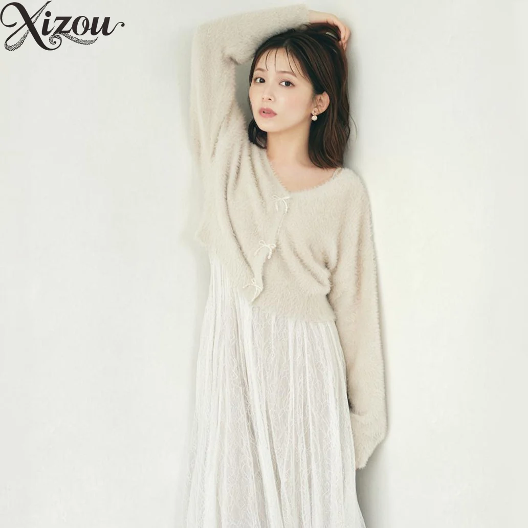 

2025 Japanese Korean Knitted Set Y2K Sweet Batwing Cardigan Mesh ​​ ​​V Neck Sweater Swing Dress Suit Bow Button Autumn Winter​
