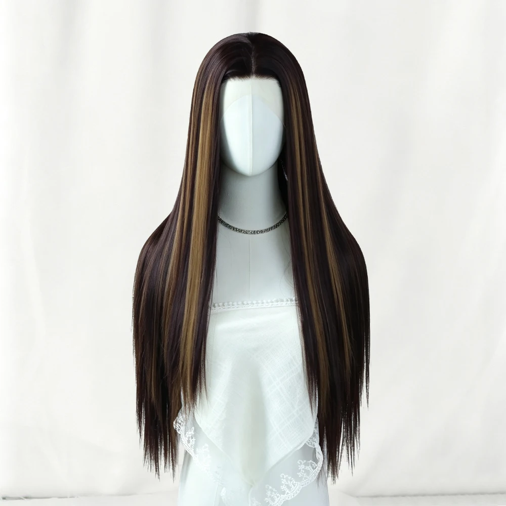 Burgundy Highlight Pre-Colored Synthetic Lace Front Wig for Women – Pre-Cut Pre-Plucked Hairline with Baby Hair, 26 Inch Long Straight Deep Part Glueless Heat Resistant Fiber Wig, Beginner Friendly Ready to Wear Natural Looking Daily Party Cosplay