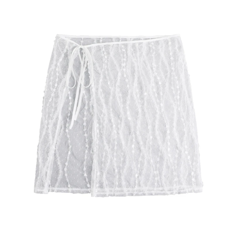 

Korean See Through Half Skirt for Women Striped Lace Sheer Hip Wrap Covering Short Apron Skirt Lace Up Mesh Overskirt