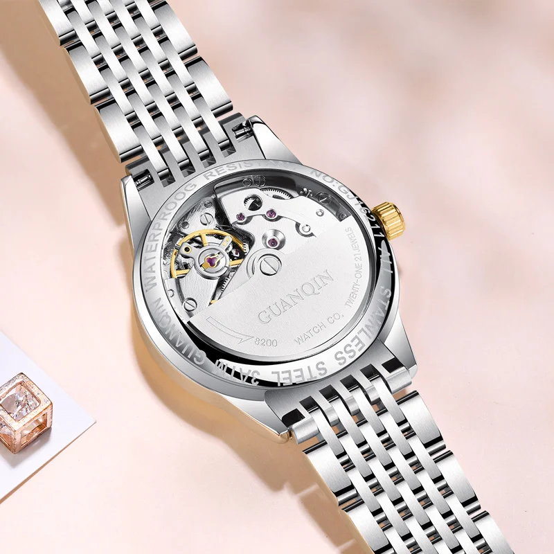 GUANQIN Ladies Mechanical Watch Business Casual Fashion Simple Waterproof Calendar Week Display Elegant Women's Wristwatch
