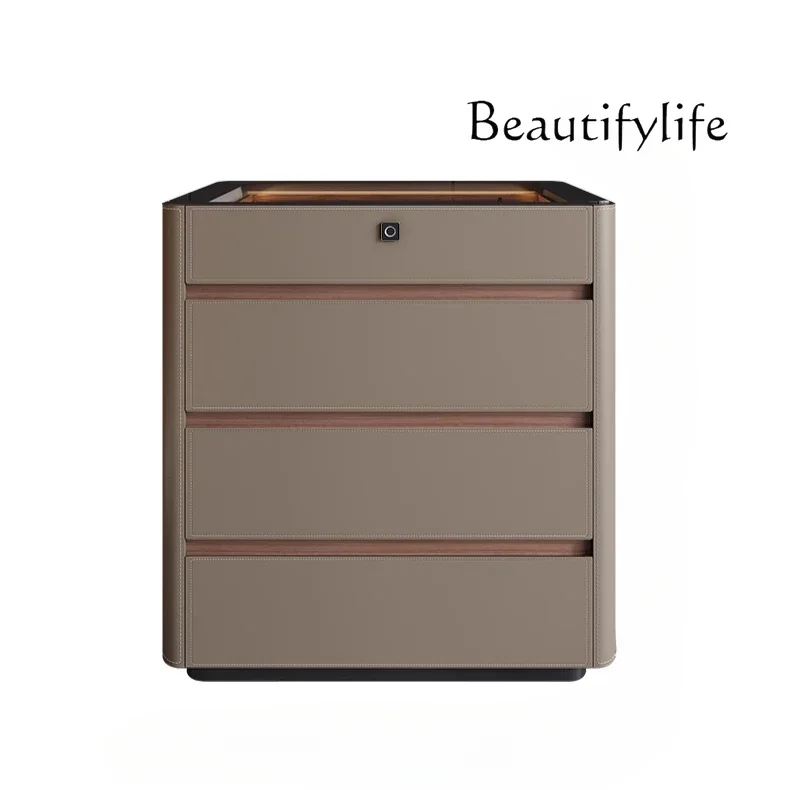 Light Luxury Saddle Leather Bedroom Bucket Cabinet Modern Home Multifunctional Solid Wood  Lock Jewelry Display Storage Cabinet