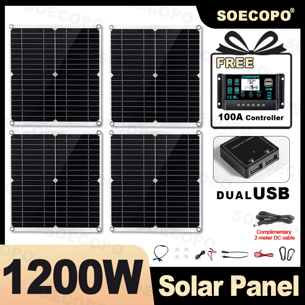 

SOECOPO 1200W Portable Solar Panel Kit with 4*300W Solar Panels Free 100A Controller Dual USB 5V Ideal for Camping Charge Phone