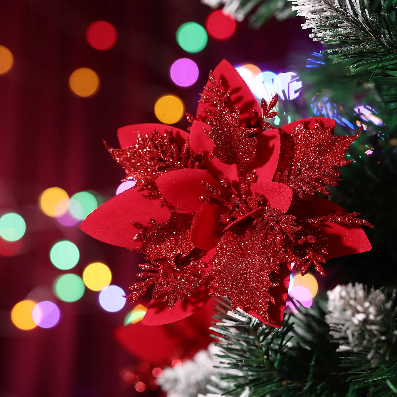 

Faux Poinsettia Flowers Red Craft Poinsettias Clip Ornaments Decor for Xmas Tree Artificial Decorations Glitter