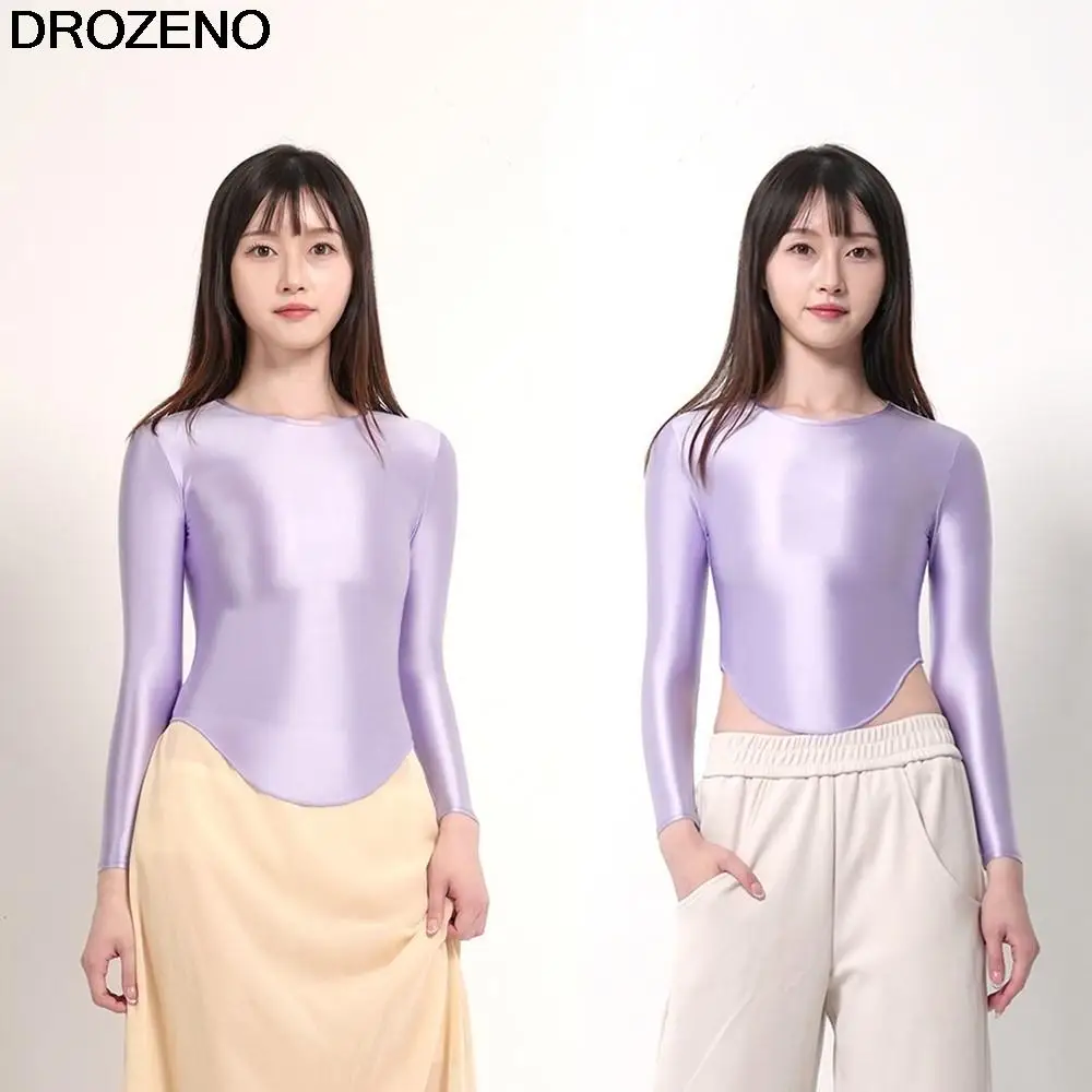 Glossy Shiny Silky Swimsuit Stretch Women's Short and Long Tight T-shirt Top Hem Arc Long Sleeve Tights