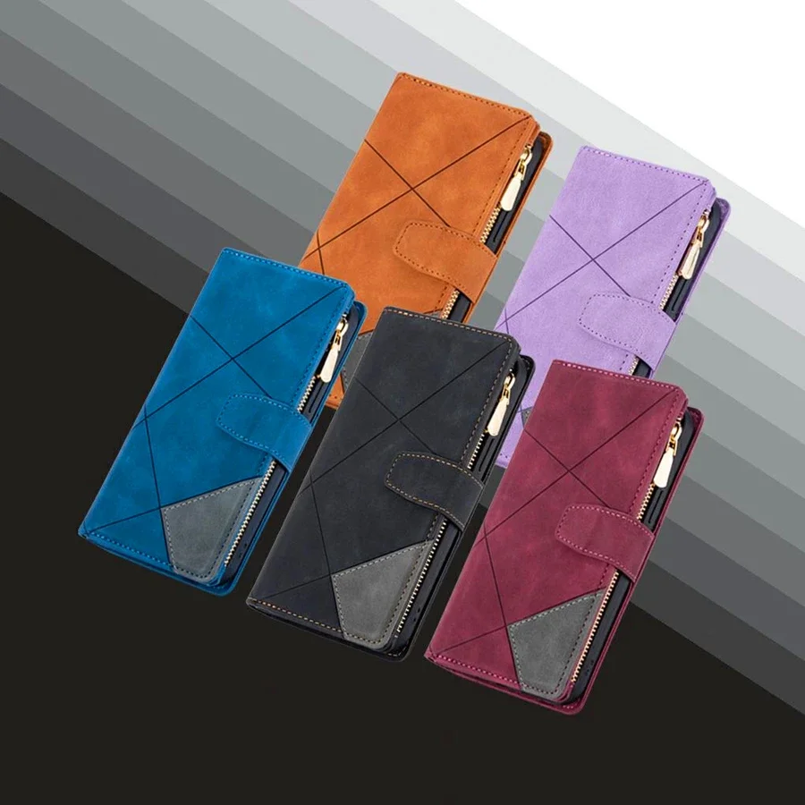 Wallet Line Splicing Card Slot Zipper Flip Leather Case For Samsung Galaxy S25 Ultra S24 FE S23 Plus S22 S21 S20 Note 20 10 Lite