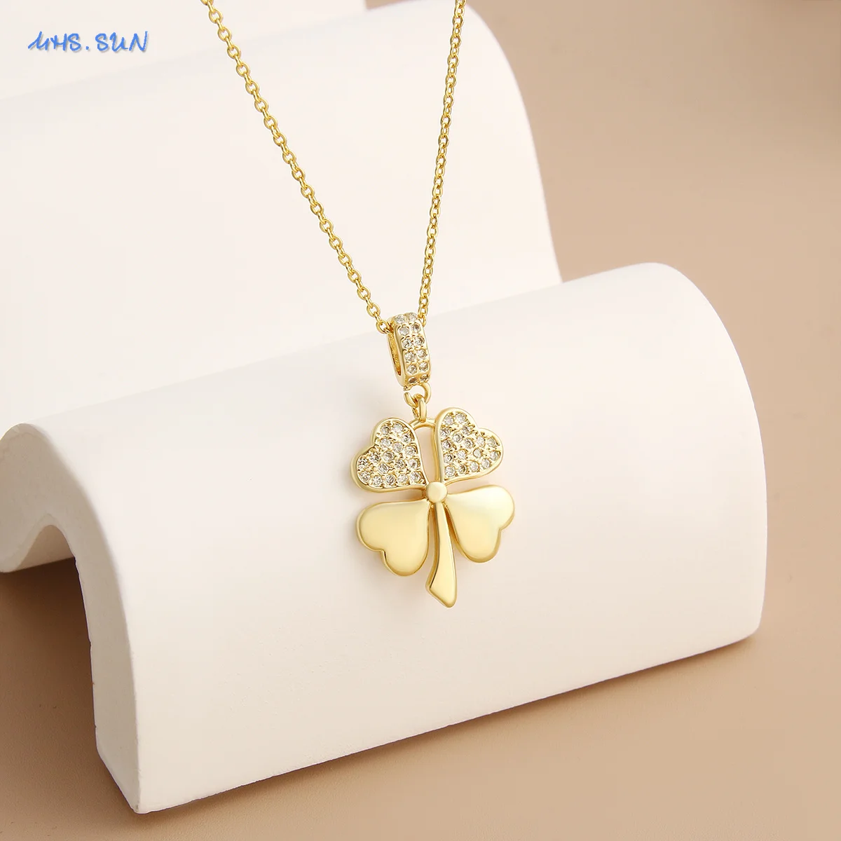 MHS.SUN Women And Men Hollow Heart Cubic Zircon Pendants Necklaces  Four Leaf Clover Gold Plated Couple Romantic Jewelry