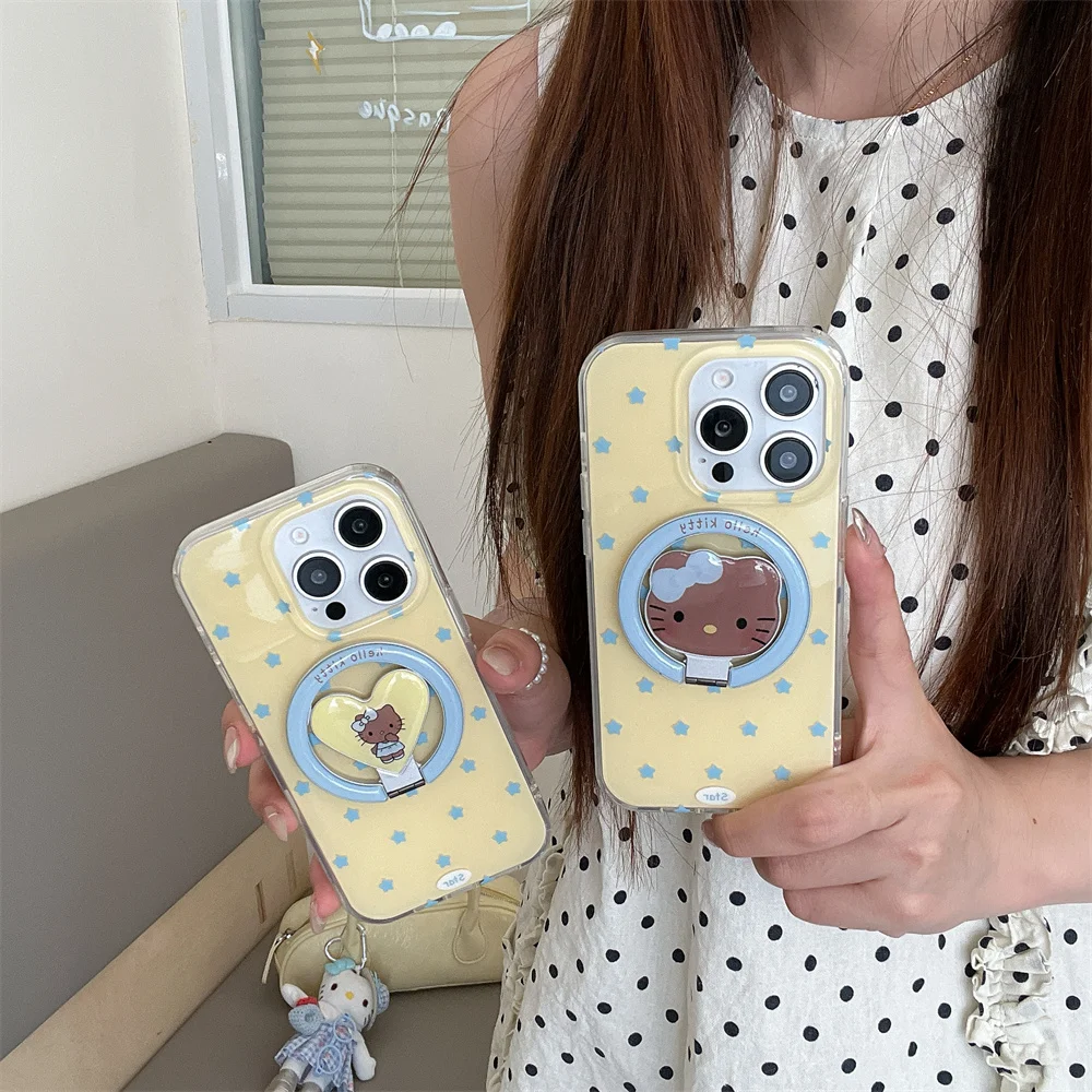 

New HelloKitty Magnetic stand Cover Funda Luxury Stylish INS Korean Cute Shockproof Phone Case For iPhone 16 15 14 13 Pro Max