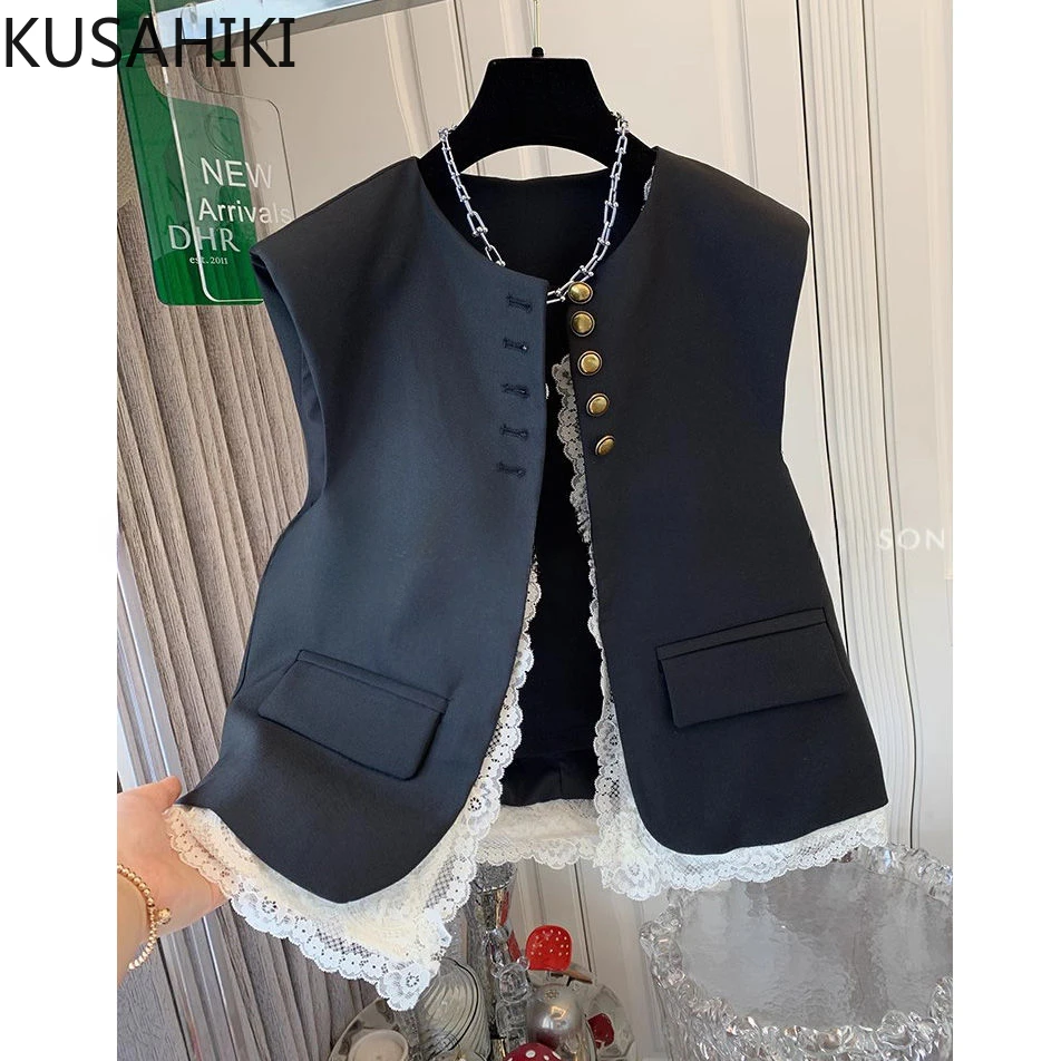 KUSAHIKI Lace Fake Two Pieces Suit Vest Jacket Top Women\'s Korean Version 2024 Spring Summer Clothing New Style