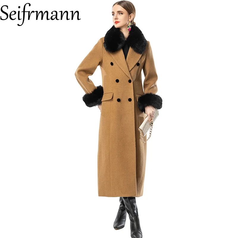 Seifrmann 2026 Spring Women's New Fashionable and Elegant Woolen Collar Long Sleeve Double breasted Coat