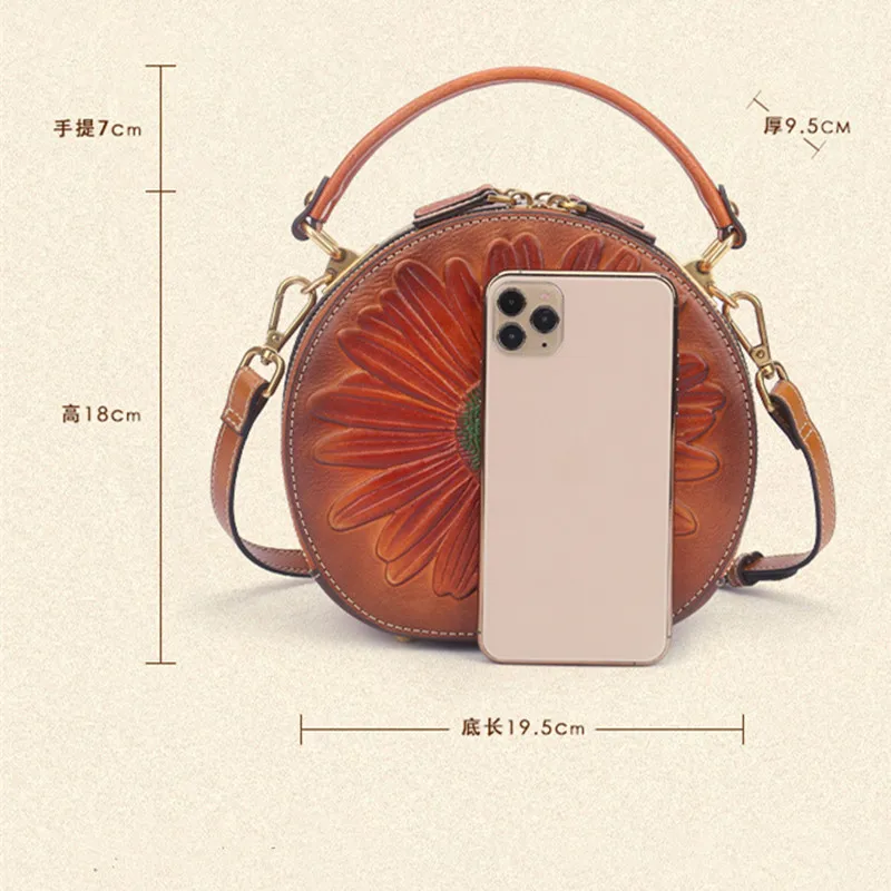 Return to the ancients Circular circular cow fur bag 2025, authentic leather bandoliers with sweet print and elegant flower bag