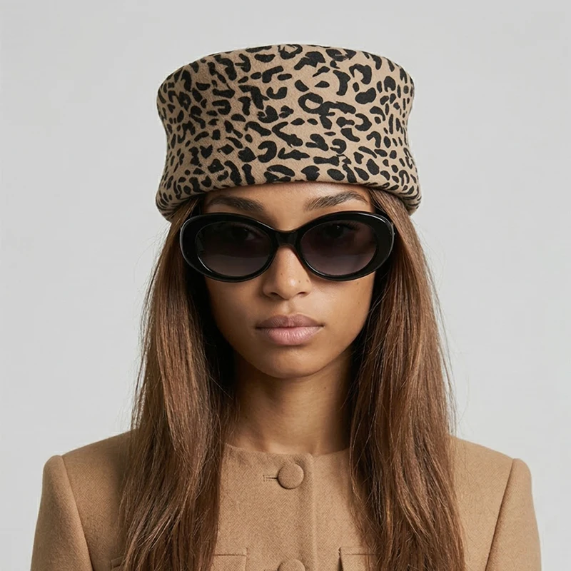Luxury Leopard Wool Felt Pillbox Hat Women Structured Vintage Stewardess Cap Winter Elegant Mob Wife Aesthetic Beret Top Hats