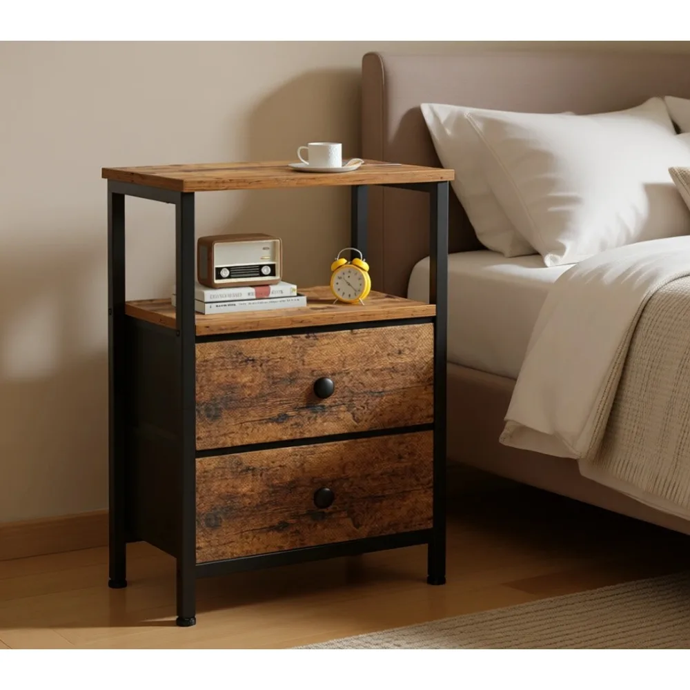 

Прикроватная тумбочка с двумя тканевыми ящиками и открытой полкой, маленький прикроватный столик, деревенский стиль, коричневый цвет