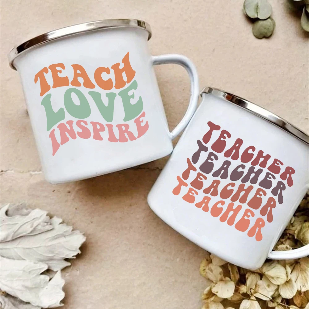 

Teacher Love Inspire Print Mug Creative Retro Coffee Cups Drink Dessert Milk Cup Enamel Mugs Handle Drinkware Gifts for Teacher