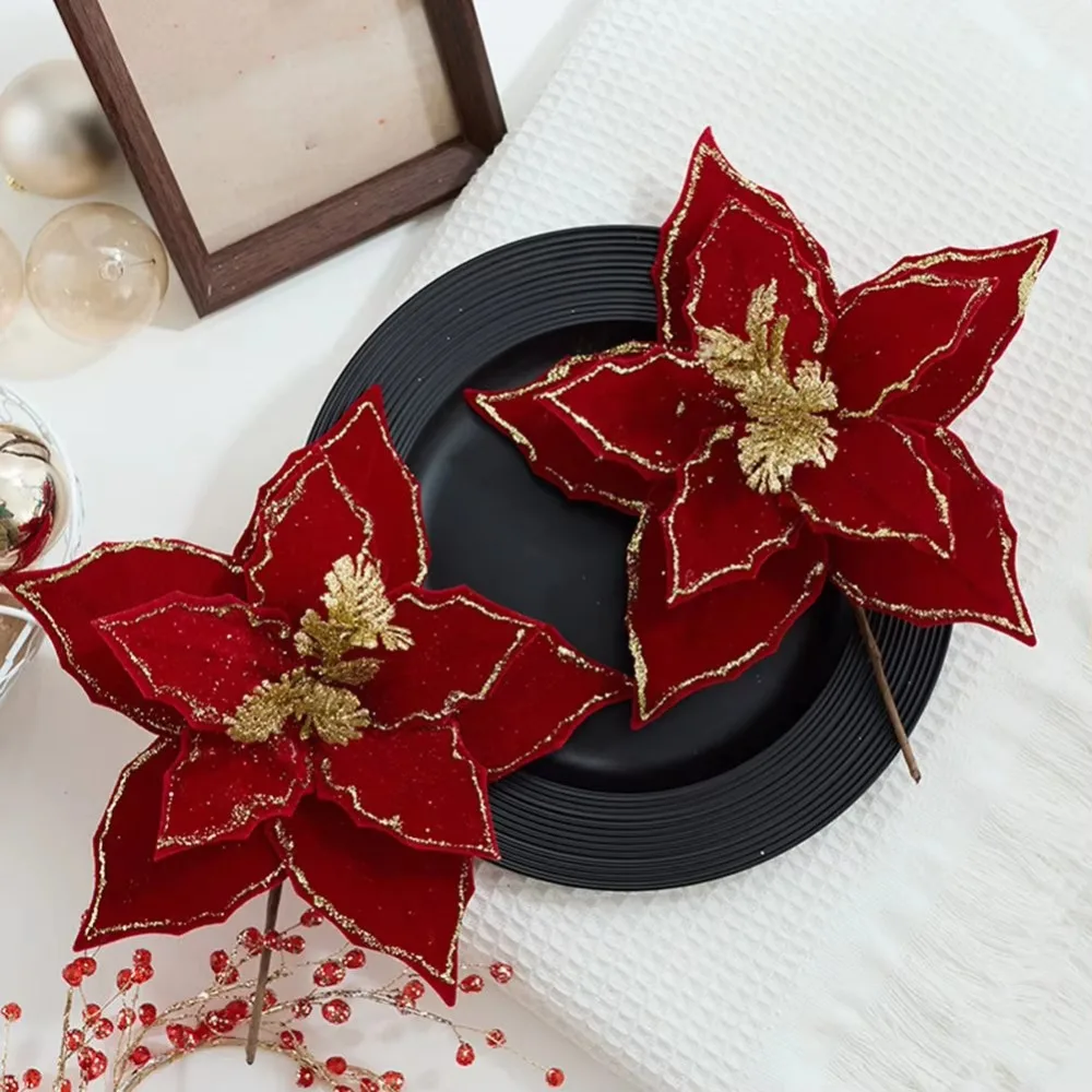 Vibrant Colors Artificial Xmas Flower Long-lasting High-grade Simulation Christmas Flower Eye-catching Festive Glitter Flower