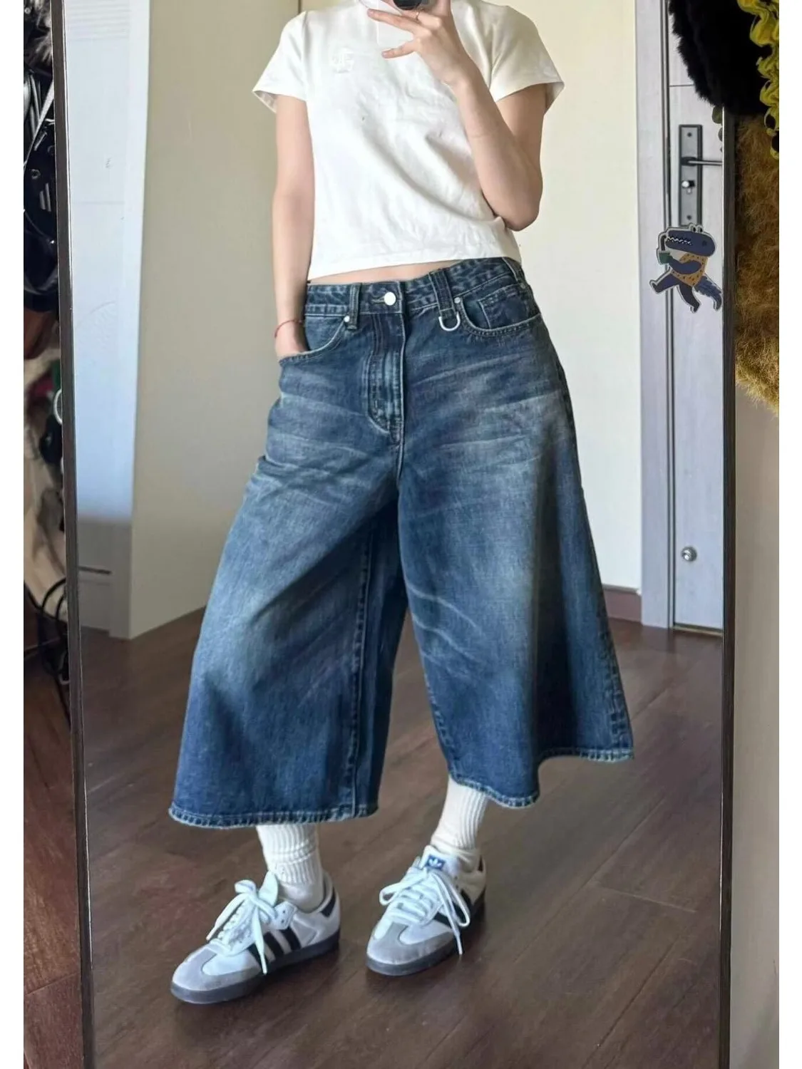 American Retro Wide Leg Denim Shorts Women Summer plus Size Loose Slimming Seven Eight Parts High Waist Jeans High Quality