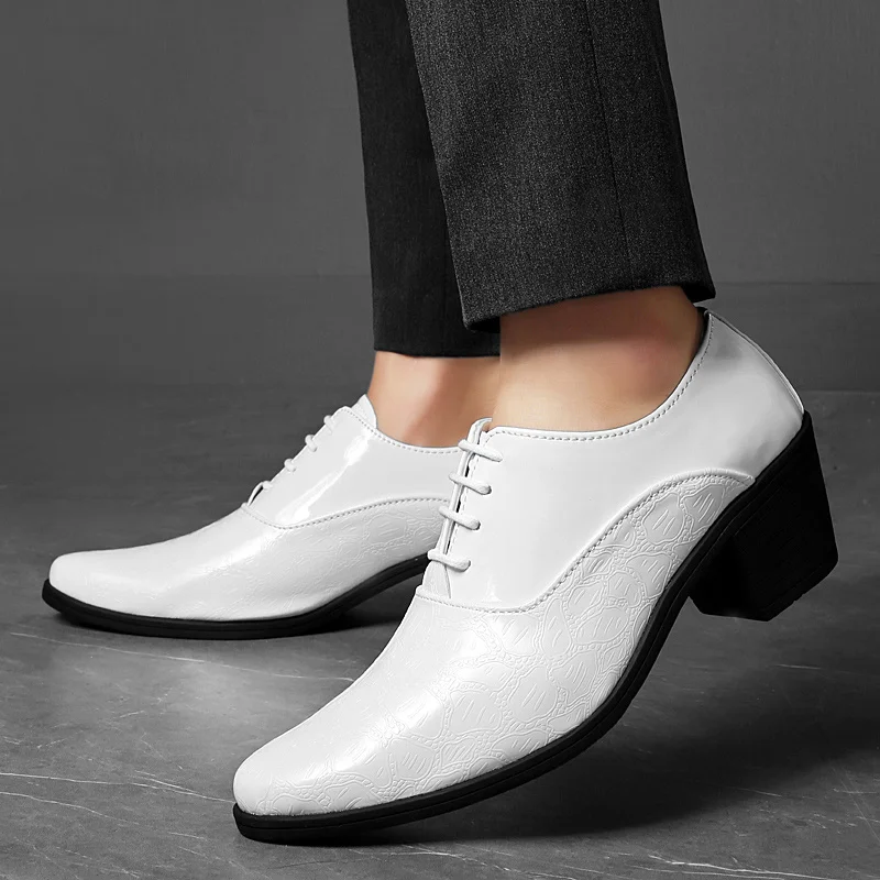 Trendy High Heel Men White Dress Shoes Pointed Toe Lace-up Men Formal Shoes Leather Glitter Men Oxfords Shoes Zapatos Hombres