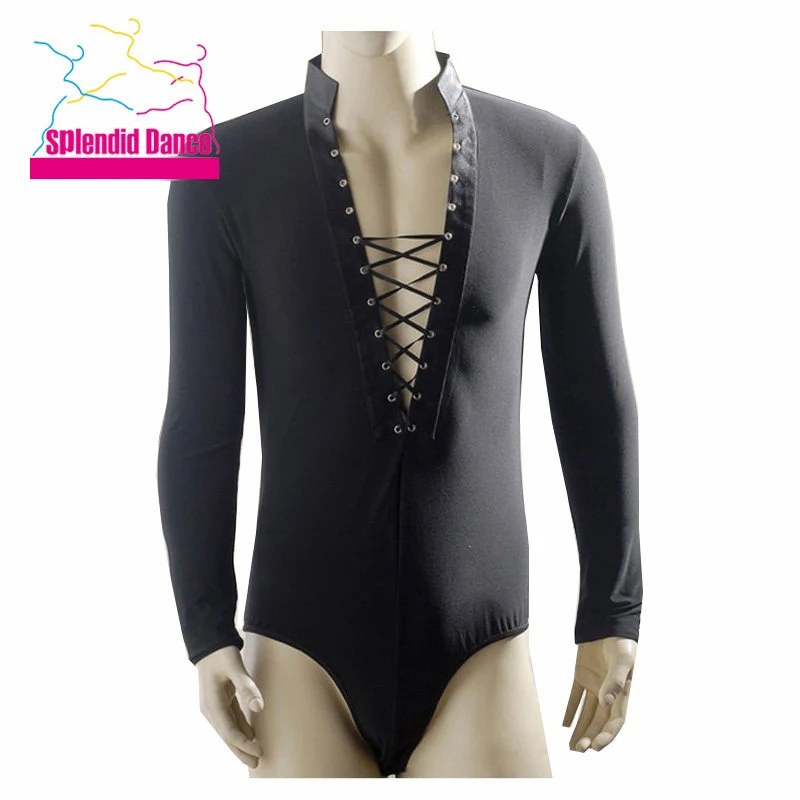 

Men Latin Dance Tops Professional Competition Clothing Cross Deep V Neck Bodysuit Black Long Sleeves Cha Cha Ballroom Dance Wear