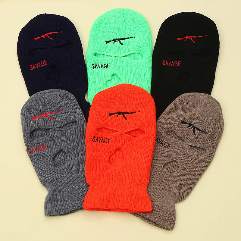 3-Loch-Vollgesichtsmasken-Abdeckung, Skimaske, Winter-Sturmhaube, Mütze, gestrickt, Stickerei, Logo, Pistole, Gesichtsabdeckung für Winter-Outdoor-Sportarten