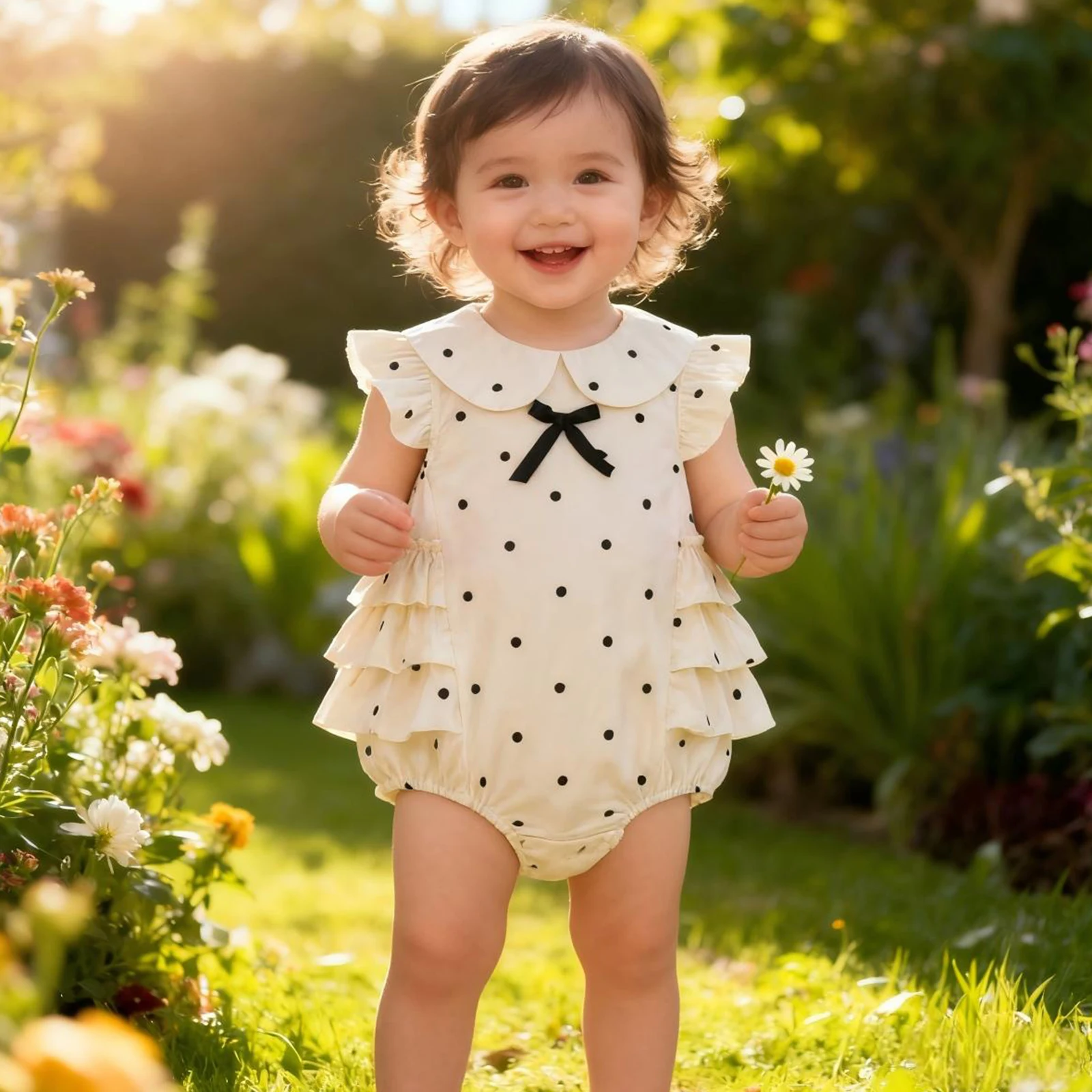 Toddler Baby Girl Bubble Bodysuit Dot Print Bow Decor Flying Sleeve Doll Collar Jumpsuit Cute Summer Spring Clothes