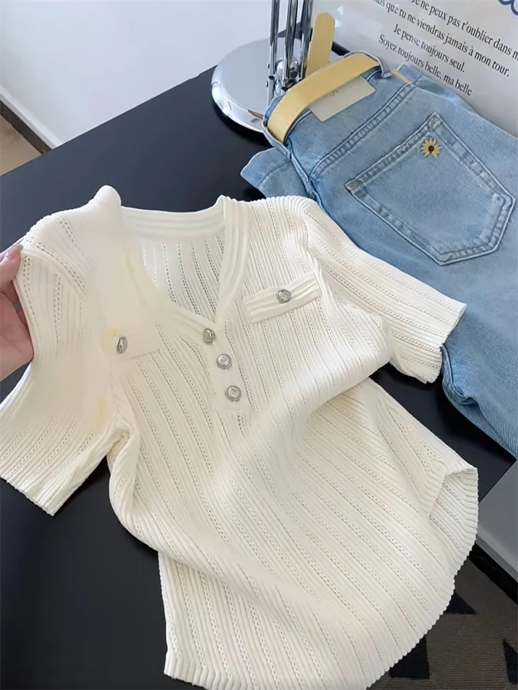 

Korean Style V-Neck Short Sleeve Knitted Top Women's Summer Slim Fit Beautiful Hollow out T-Shirt Commute Style High Waist