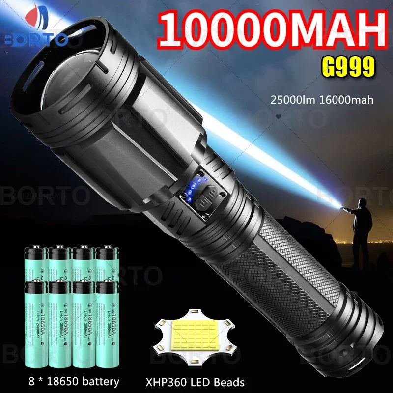 

XHP360 LED Flashlight Super Bright Spotlight Long Range Zoomable Emergency Torch Long Battery Life Using 8 18650 Batteries