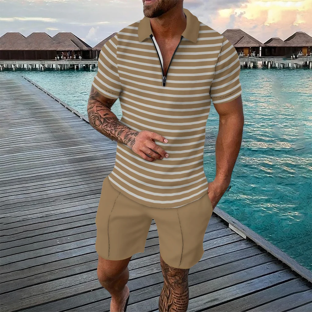 Men's Stripe Pattern Two Piece Sets Summer Casual Zipper Polo Shirt Shorts Outfits Fashion Daily Casual Breathable Oversize Suit
