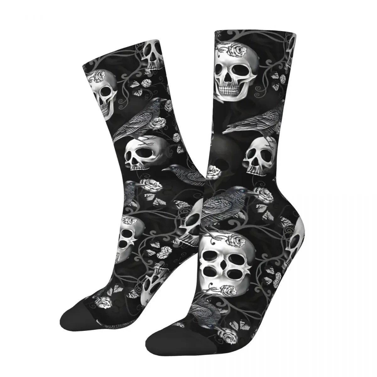 

Gothic Crow And Skull Drawstring Bag Men's Socks Retro Harajuku Halloween Crow Skull Street Style Novelty Seamless Crew Sock