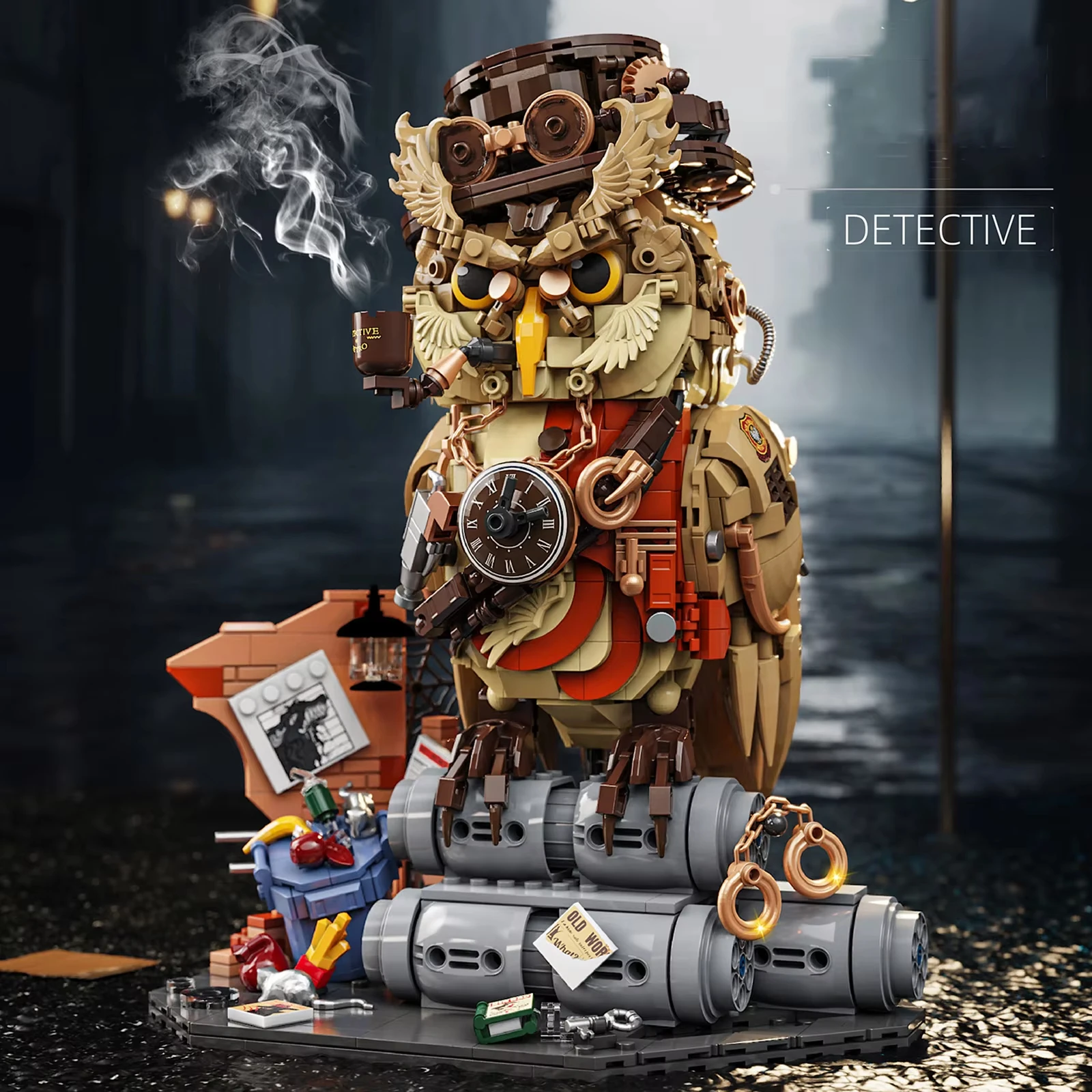 [Owl Detective] Mechanical Owl Building Blocks 1000+Particle Dark Night Style Stuffed Base Atmosphere Ornament